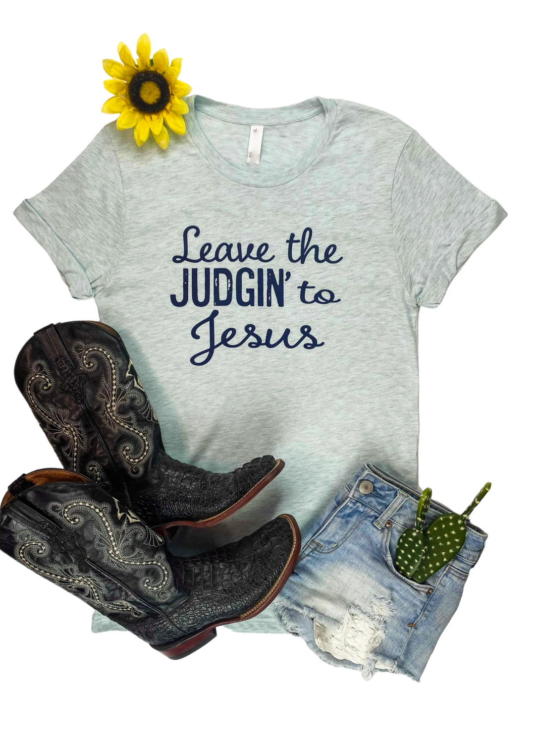 Cinchy Cowgirl Ice Blue Leave The Judgin' To Jesus Graphic Tee - Short Sleeve T-Shirt 3 The Cinchy Cowgirl Ice Blue Leave The Judgin' To Jesus Short Sleeve Graphic Tee Clothing