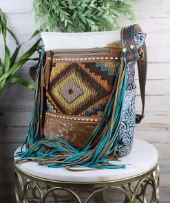 Myra Handbags & Wallets Indigo Aztec Cowhide Fringe Handbag
