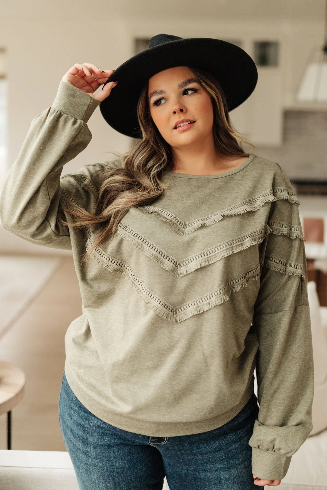 Ave Shops Into The Fringe Long Sleeve Top in Olive | Stylish Women's Blouse 11 Ave Shops Into The Fringe Top In Olive