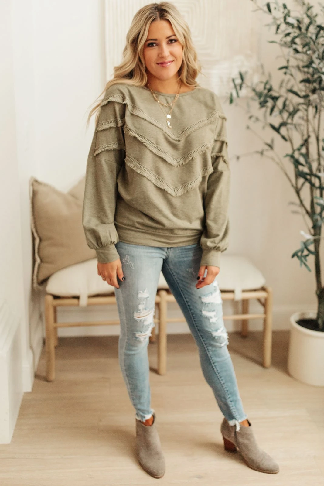 Ave Shops Into The Fringe Long Sleeve Top in Olive | Stylish Women's Blouse 10 Ave Shops Into The Fringe Top In Olive