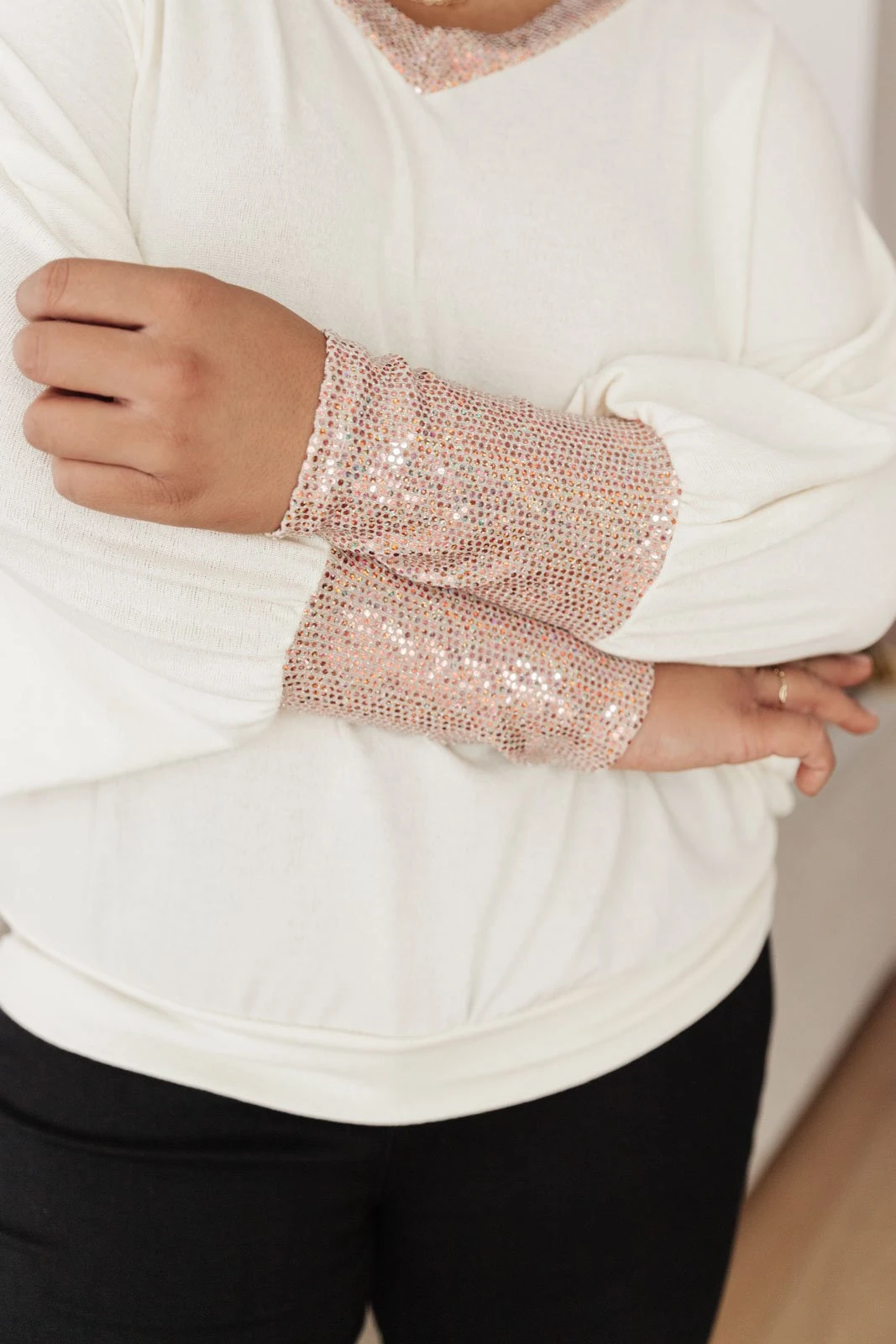 Ave Shops Just Enough Glam Ivory Sweater - Long Sleeve Tops for Women 18 Ave Shops Clothing Just Enough Glam Sweater In Ivory