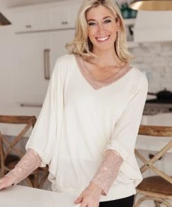 Ave Shops Just Enough Glam Ivory Sweater - Long Sleeve Tops for Women 22 Ave Shops Clothing Just Enough Glam Sweater In Ivory