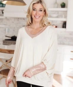 Ave Shops Just Enough Glam Ivory Sweater - Long Sleeve Tops for Women 24 Ave Shops Clothing Just Enough Glam Sweater In Ivory