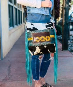 Myra Kara Cowhide & Sunflower Turquoise Fringe Handbag