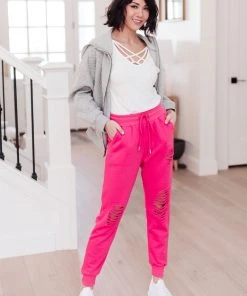 Ave Shops Kick Back Distressed Joggers Hot Pink Bottoms & Jeans