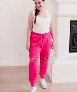 Ave Shops Kick Back Distressed Joggers - Hot Pink | Comfortable Bottoms & Jeans 42 Ave Shops Kick Back Distressed Joggers Hot Pink Bottoms & Jeans