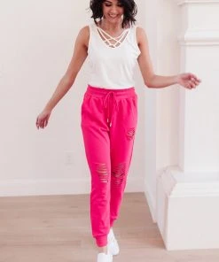 Ave Shops Kick Back Distressed Joggers - Hot Pink | Comfortable Bottoms & Jeans 31 Ave Shops Kick Back Distressed Joggers Hot Pink Bottoms & Jeans