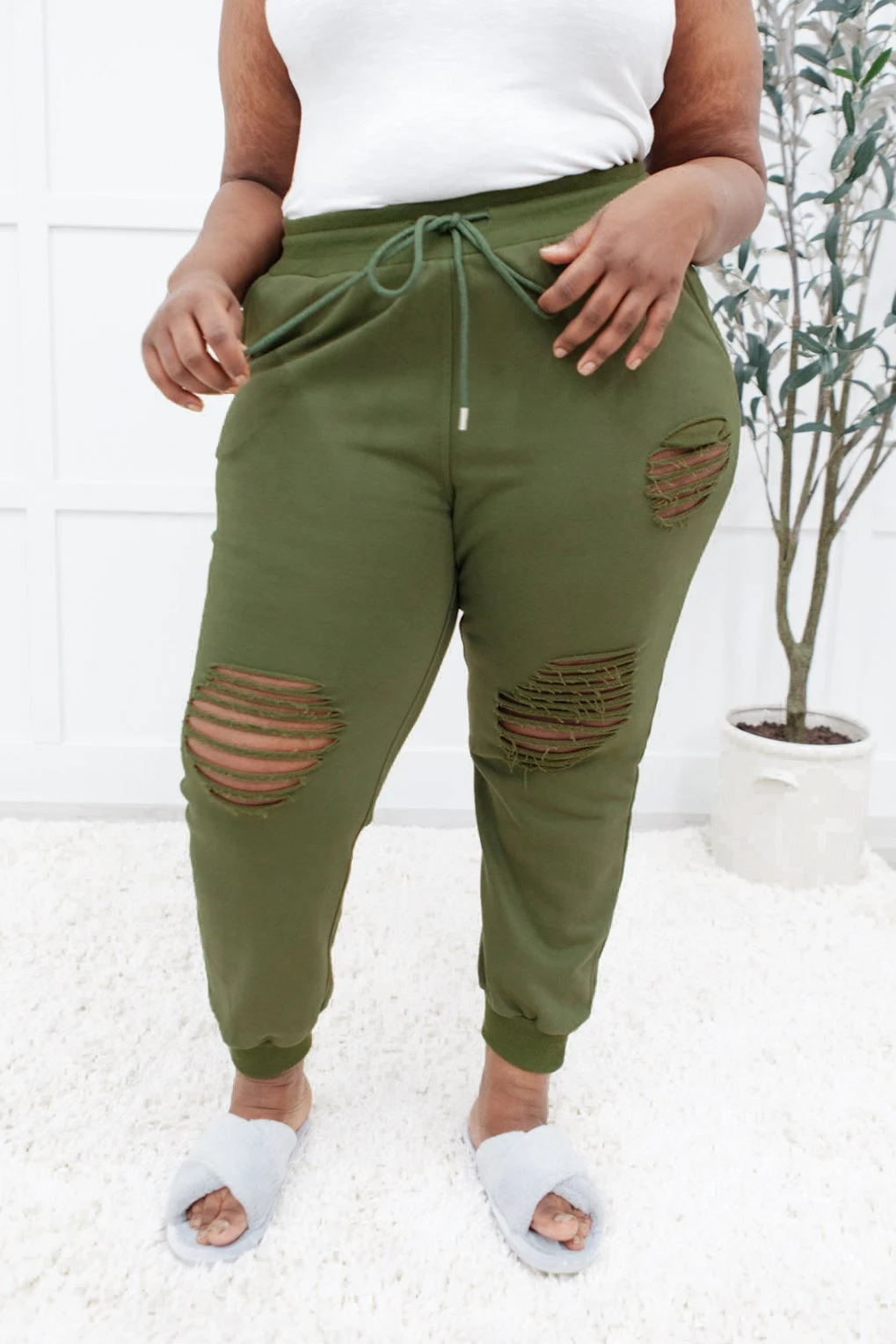Ave Shops Kick Back Distressed Olive Joggers - Casual Comfort Bottoms 9 Ave Shops Kick Back Distressed Joggers In Olive