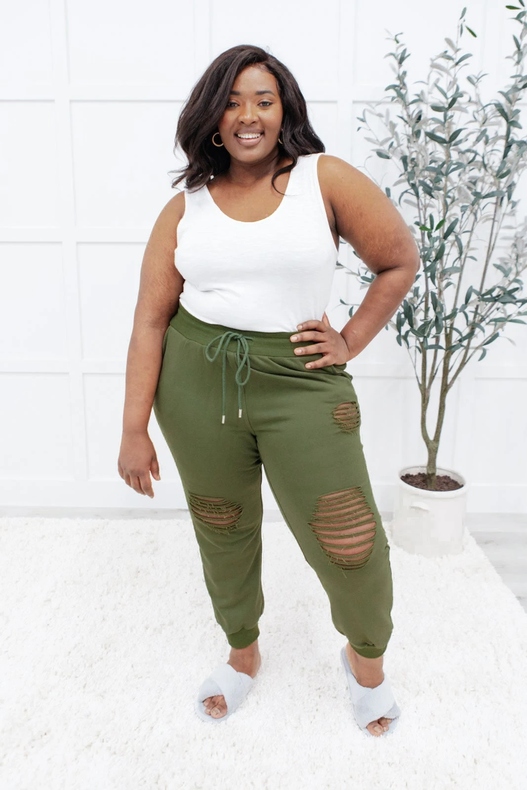 Ave Shops Kick Back Distressed Olive Joggers - Casual Comfort Bottoms 7 Ave Shops Kick Back Distressed Joggers In Olive