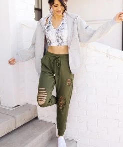 Ave Shops Kick Back Distressed Olive Joggers - Casual Comfort Bottoms 27 Ave Shops Kick Back Distressed Joggers In Olive