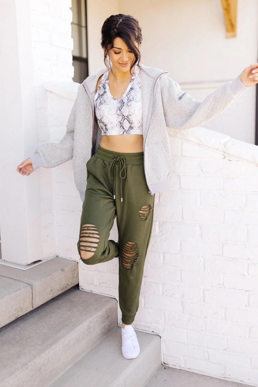 Ave Shops Kick Back Distressed Olive Joggers - Casual Comfort Bottoms 6 Ave Shops Kick Back Distressed Joggers In Olive