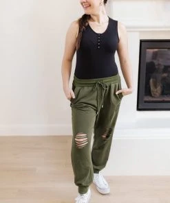 Ave Shops Kick Back Distressed Olive Joggers - Casual Comfort Bottoms 38 Ave Shops Kick Back Distressed Joggers In Olive