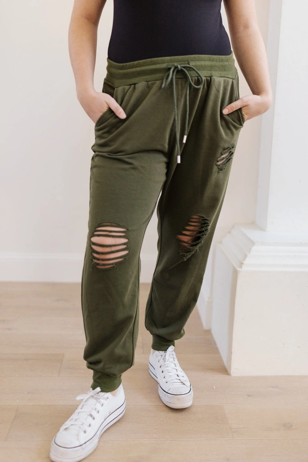 Ave Shops Kick Back Distressed Olive Joggers - Casual Comfort Bottoms 19 Ave Shops Kick Back Distressed Joggers In Olive