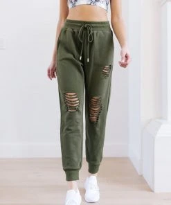 Ave Shops Kick Back Distressed Olive Joggers - Casual Comfort Bottoms 29 Ave Shops Kick Back Distressed Joggers In Olive