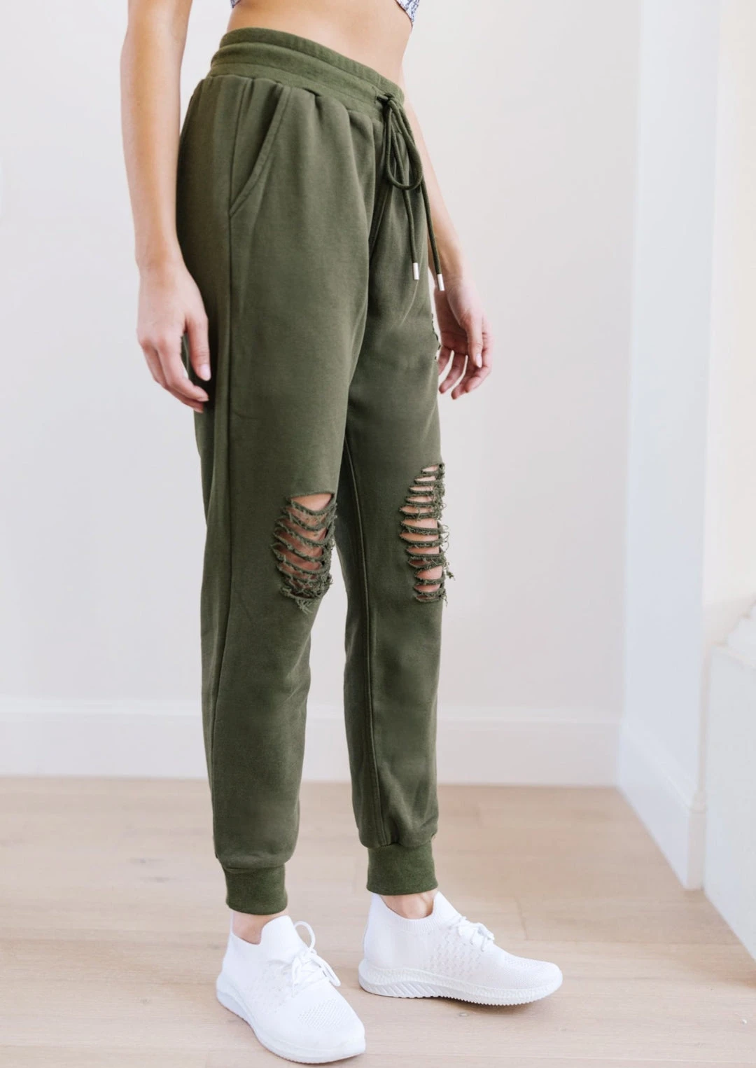 Ave Shops Kick Back Distressed Olive Joggers - Casual Comfort Bottoms 4 Ave Shops Kick Back Distressed Joggers In Olive