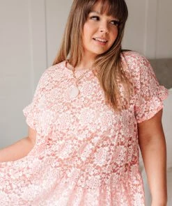 Ave Shops Baby Pink Lace Top - Women's Short Sleeve Blouse 19 Ave Shops Clothing Lace Baby Pink Top