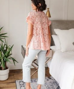 Ave Shops Baby Pink Lace Top - Women's Short Sleeve Blouse 24 Ave Shops Clothing Lace Baby Pink Top