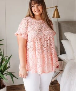 Ave Shops Baby Pink Lace Top - Women's Short Sleeve Blouse 22 Ave Shops Clothing Lace Baby Pink Top