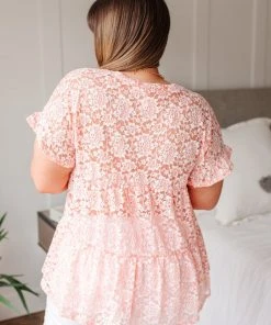 Ave Shops Baby Pink Lace Top - Women's Short Sleeve Blouse 27 Ave Shops Clothing Lace Baby Pink Top