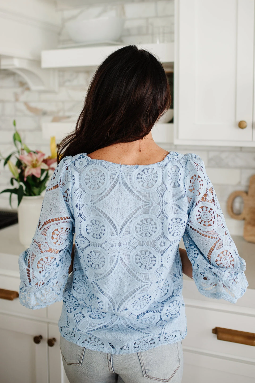 Ave Shops Blue Lace Surprise Blouse - Stylish Short Sleeve Top for Women 13 Ave Shops Lace Surprise Blouse In Blue
