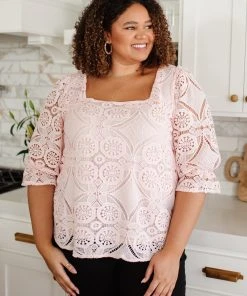 Ave Shops Pink Lace Surprise Blouse | Women's Short Sleeve Top 21 Ave Shops Clothing Lace Surprise Blouse In Pink