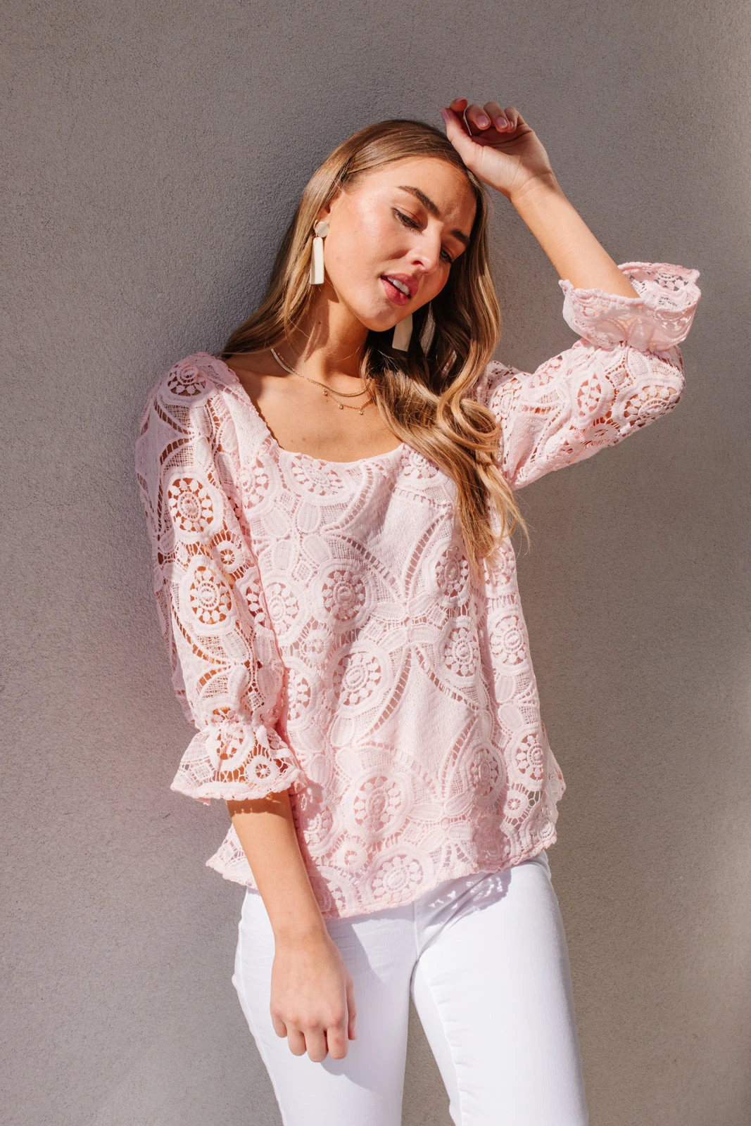Ave Shops Pink Lace Surprise Blouse | Women's Short Sleeve Top 17 Ave Shops Clothing Lace Surprise Blouse In Pink