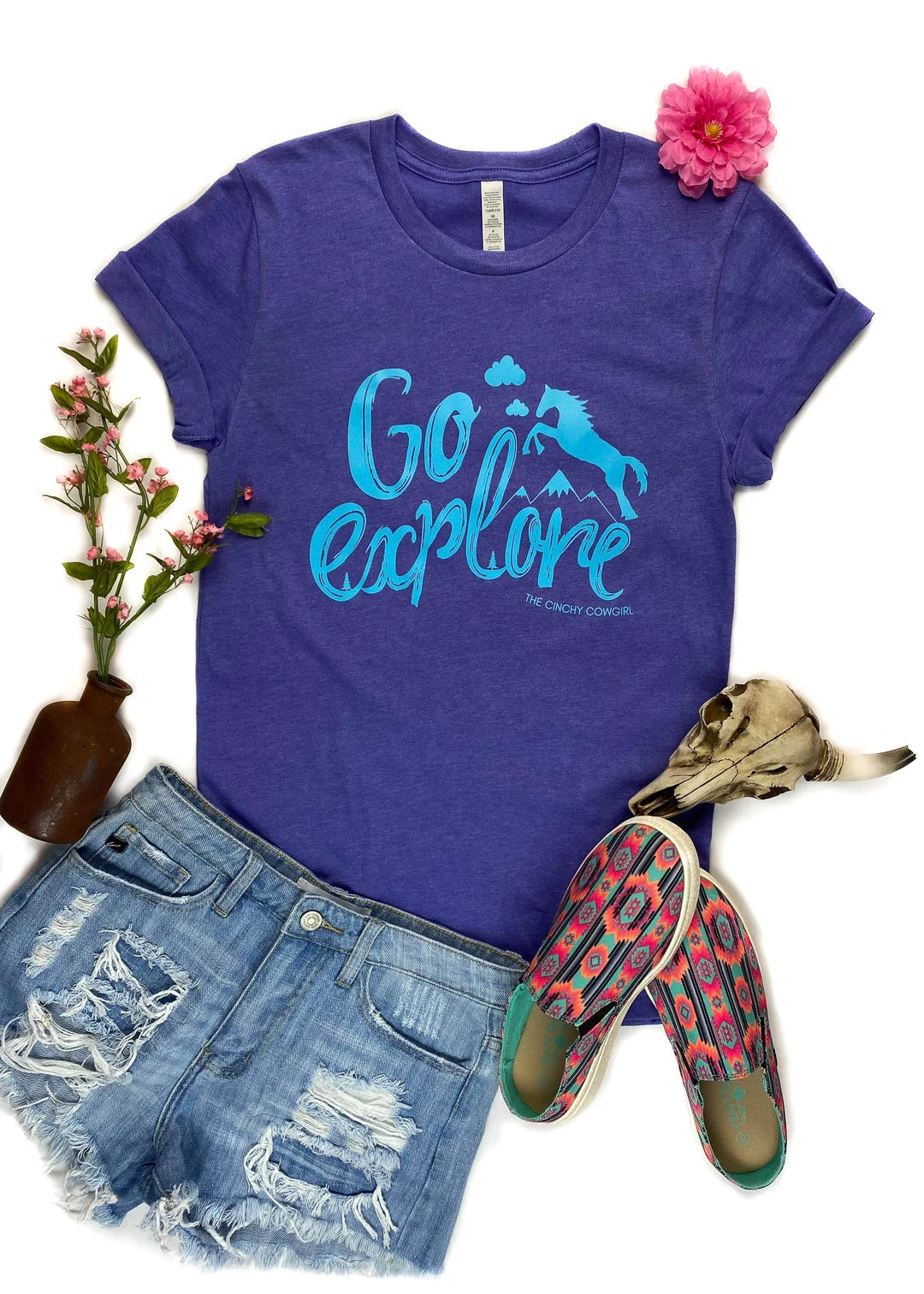 The Cinchy Cowgirl Lapis Go Explore Short Sleeve Tee - Stylish & Comfortable Graphic Tee 3 The Cinchy Cowgirl Lapis Go Explore Short Sleeve Tee Clothing