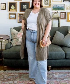 Ave Shops Light Breeze Olive Short Sleeve Cardigan - Women's Stylish & Comfortable Outerwear 26 Ave Shops Light Breeze Short Sleeve Cardigan In Olive Clothing