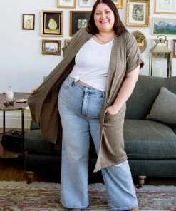 Ave Shops Light Breeze Olive Short Sleeve Cardigan - Women's Stylish & Comfortable Outerwear 31 Ave Shops Light Breeze Short Sleeve Cardigan In Olive Clothing