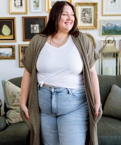 Ave Shops Light Breeze Olive Short Sleeve Cardigan - Women's Stylish & Comfortable Outerwear 35 Ave Shops Light Breeze Short Sleeve Cardigan In Olive Clothing