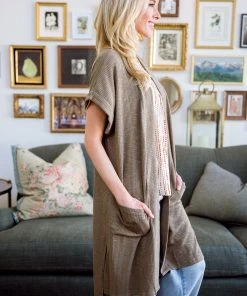 Ave Shops Light Breeze Olive Short Sleeve Cardigan - Women's Stylish & Comfortable Outerwear 25 Ave Shops Light Breeze Short Sleeve Cardigan In Olive Clothing