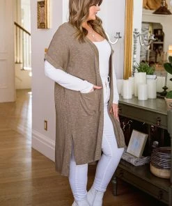 Ave Shops Light Breeze Olive Short Sleeve Cardigan - Women's Stylish & Comfortable Outerwear 32 Ave Shops Light Breeze Short Sleeve Cardigan In Olive Clothing