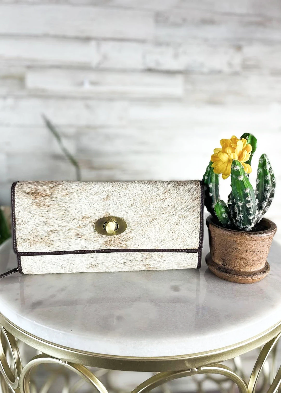 Myra Light Brown Spotted Twist Lock Cowhide Wallet – Stylish & Durable Handbag Accessory 3 Myra Handbags & Wallets Light Brown Spotted Twist Lock Cowhide Wallet