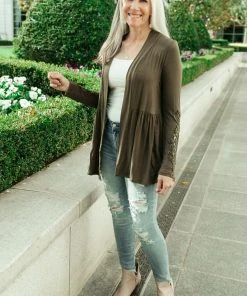 Ave Shops Little Bit Of Lace Cardigan In Olive | Women's Lightweight Knitwear 21 Ave Shops Little Bit Of Lace Cardigan In Olive