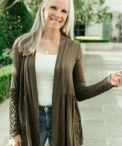 Ave Shops Little Bit Of Lace Cardigan In Olive | Women's Lightweight Knitwear 19 Ave Shops Little Bit Of Lace Cardigan In Olive