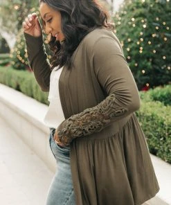 Ave Shops Little Bit Of Lace Cardigan In Olive | Women's Lightweight Knitwear 27 Ave Shops Little Bit Of Lace Cardigan In Olive