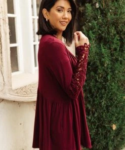 Ave Shops Little Bit Of Lace Cardigan In Burgundy Clothing