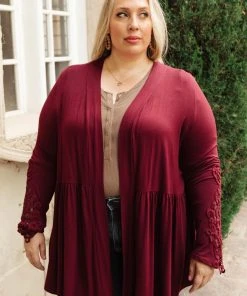 Ave Shops Little Bit Of Lace Cardigan In Burgundy Clothing