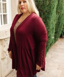 Ave Shops Little Bit Of Lace Cardigan In Burgundy Clothing