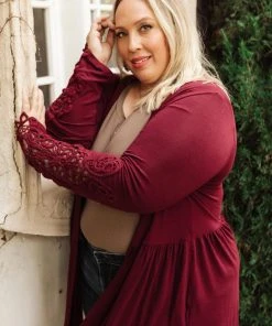 Ave Shops Little Bit Of Lace Cardigan In Burgundy Clothing