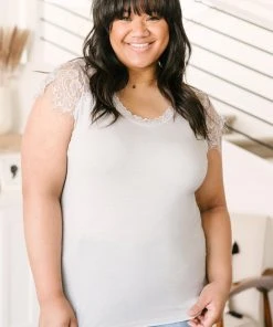 Ave Shops Lovely Lace Tee In Gray Short Sleeve Tops