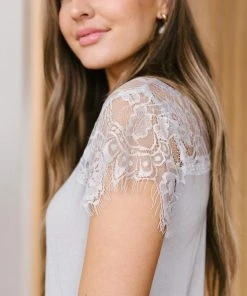 Ave Shops Lovely Lace Tee In Gray Short Sleeve Tops