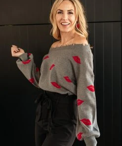 Ave Shops Luscious Lips Top In Grey Clothing