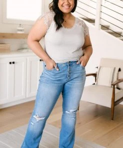 Ave Shops Lovely Lace Tee In Gray Short Sleeve Tops