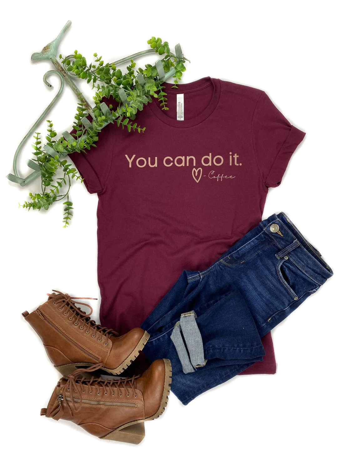 The Cinchy Cowgirl Maroon 'You Can Do It' Love Coffee Graphic Tee - Short Sleeve Casual Top 3 The Cinchy Cowgirl Maroon You Can Do It, Love Coffee Short Sleeve Graphic Tee