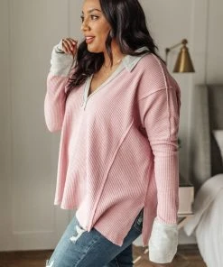 Ave Shops Clothing Mia Waffle Knit Long Sleeve In Pink