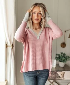 Ave Shops Clothing Mia Waffle Knit Long Sleeve In Pink