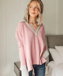 Ave Shops Clothing Mia Waffle Knit Long Sleeve In Pink