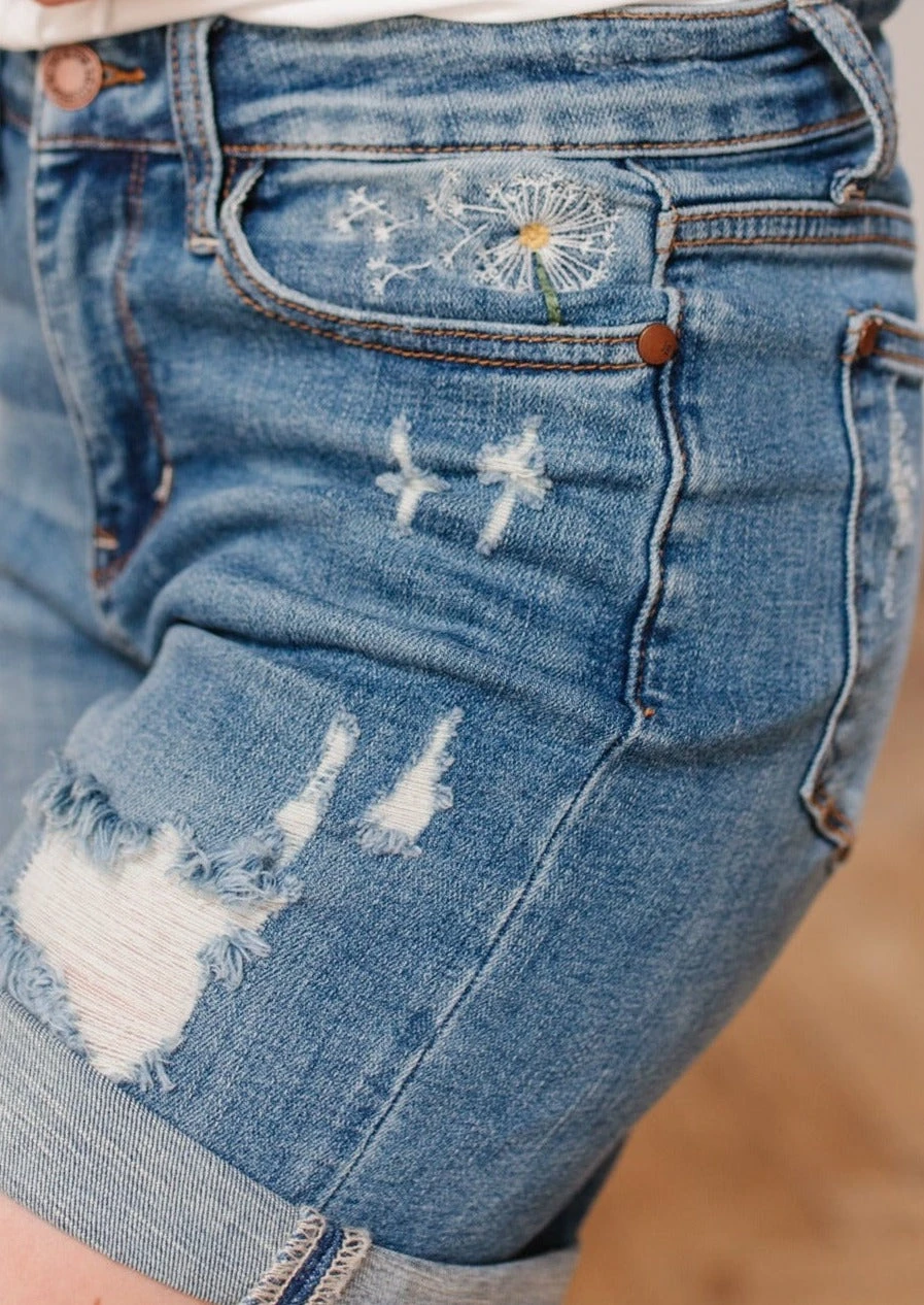 Ave Shops Women's Mid-rise Dandelion Embroidery Cuffed Shorts - Stylish Casual Bottoms 3 Ave Shops Mid-rise Dandelion Embroidery Cuffed Shorts