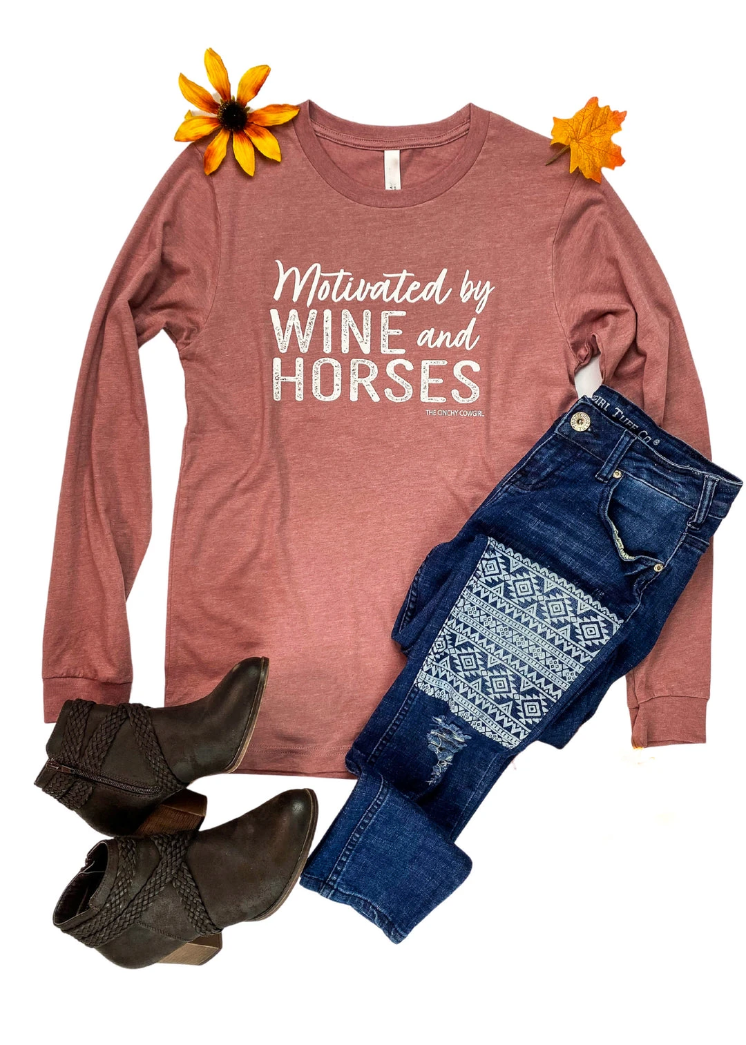 Cinchy Cowgirl Mauve Motivated By Wine & Horses Long Sleeve Graphic Tee - TCC Graphic Tanks & Tees 3 The Cinchy Cowgirl Mauve Motivated By Wine & Horses Long Sleeve Graphic Tee Clothing